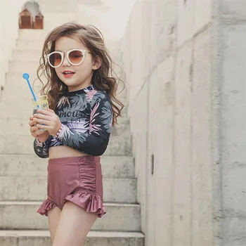 

Fashion Girls' Swimwear Long Sleeve Ruffle Floral Print Exposed navel Kids swimsuit Two-Piece Girls Swimsuit With Swimming Cap