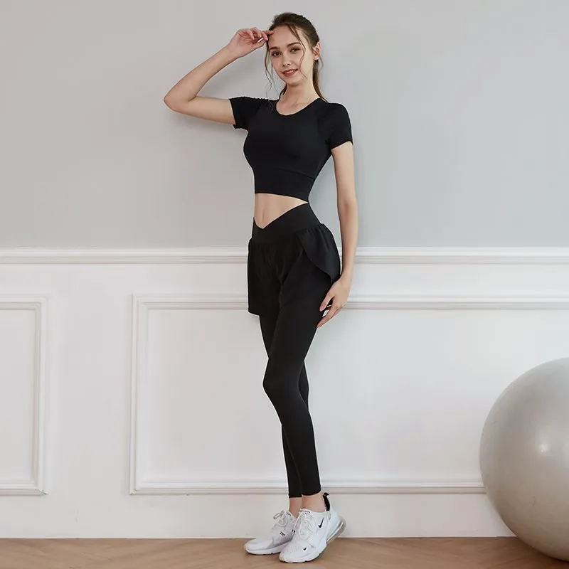 2PCS Women Yoga Set  Fitness Clothing High Waist Leggings Sports Suits Gym Set Female Sportswear Short Sleeve Workout Clothes