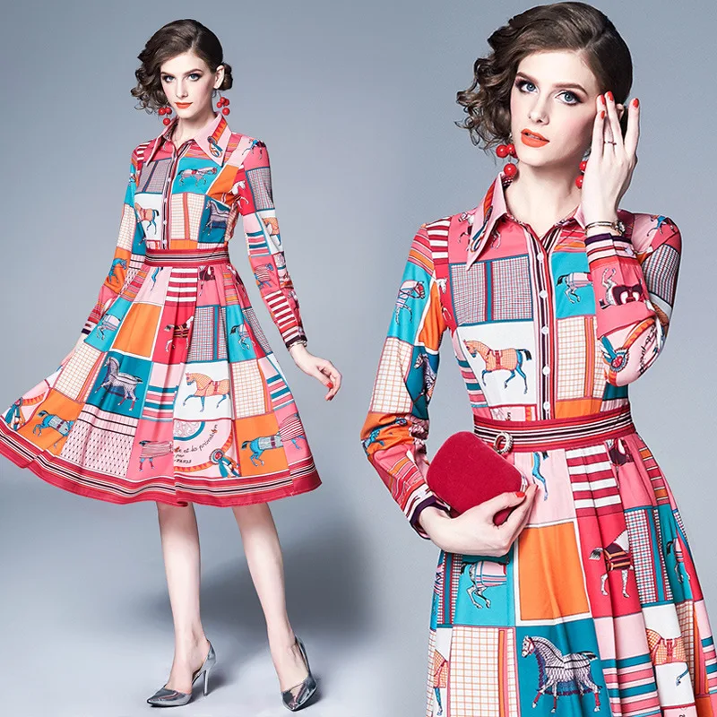 

Photo Shoot Summer New Style 2019 Europe And America WOMEN'S Dress Fold-down Collar Long Sleeve Retro Printed Mid-length One Pie