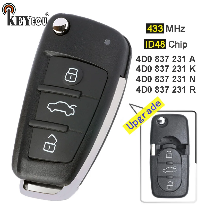 Флип накопитель KEYECU 433 МГц ID48 P/N: 4D0 837 231 A / K N R для Audi A3 A4 A6 A8 B5 RS4 RS6 TT Quattro|Ключ от авто|