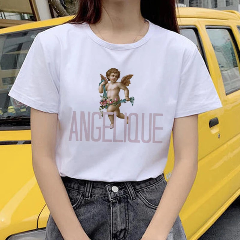 Angel Harajuku Ullzang, женские футболки, Kawaii, забавная мультяшная футболка, 90 s, графический гранж, Милая футболка, корейский стиль, женские футболки