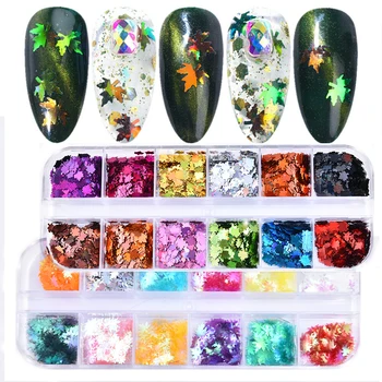 

12 Boxes Nail Art Glitter Sequin Spring Maple Leaf Color Nail Holographic Flakes Mixed Mini Sparkly DIY Nail Art Decorations