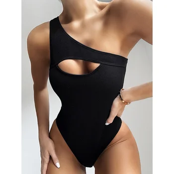 

New Sexy Black One Shoulder Women Swimwear 2020 One Piece Swimsuit Female Monokini Bather Hollow out Bathing Suit Swim Bodysuit