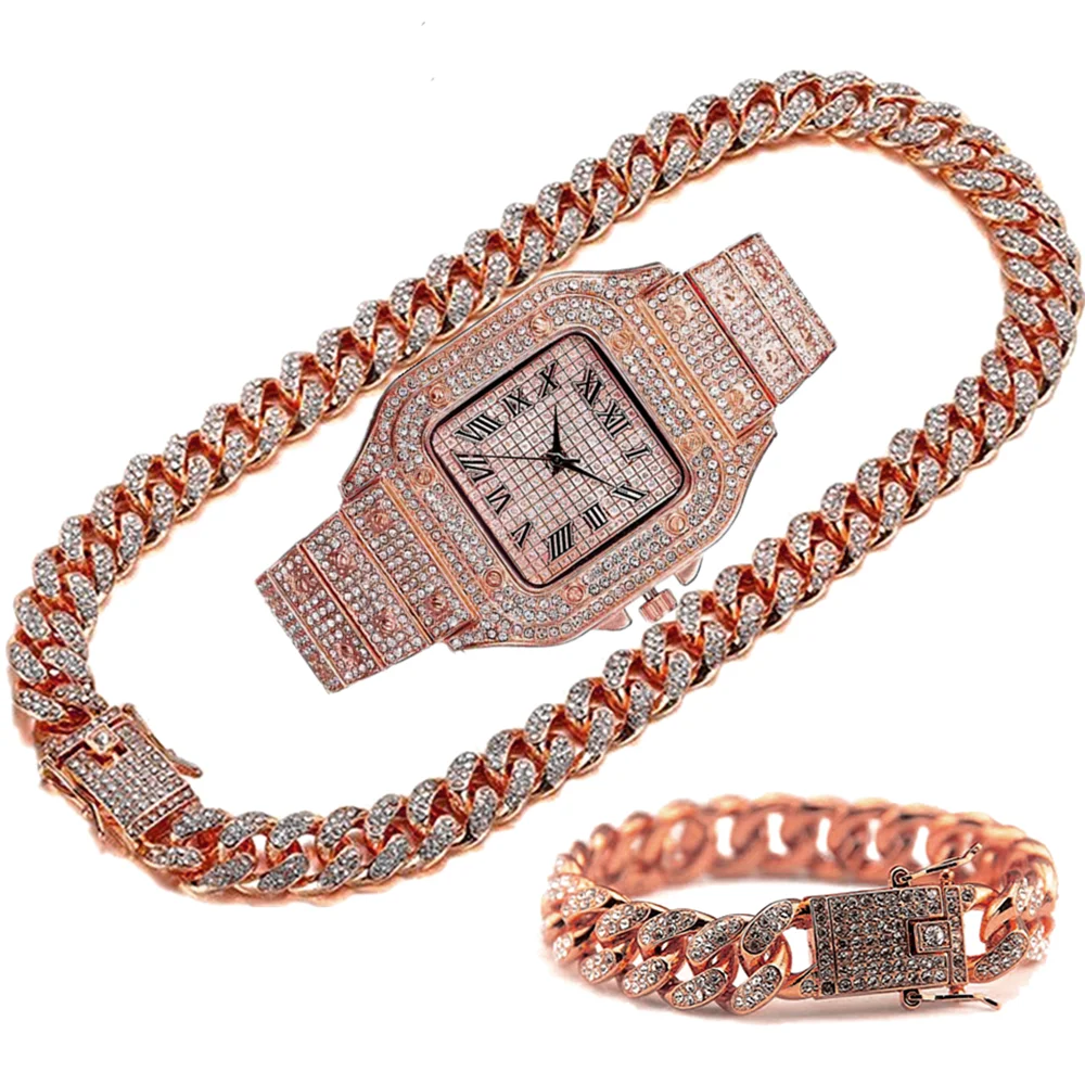 Iced Out per donna Hip Hop Miami Bling CZ cubano grande catena collana pavé strass oro orologio uomo_voghion.com