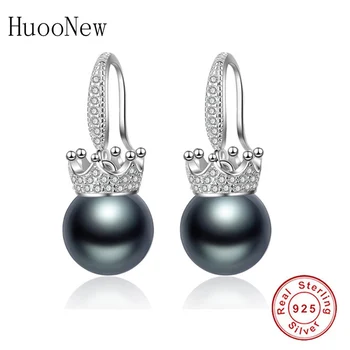 

Clear Zircon CZ Crown Black Pearl Earrings For Women Pulseras 925 Sterling Silver Earring Winter Jewelry Berloque