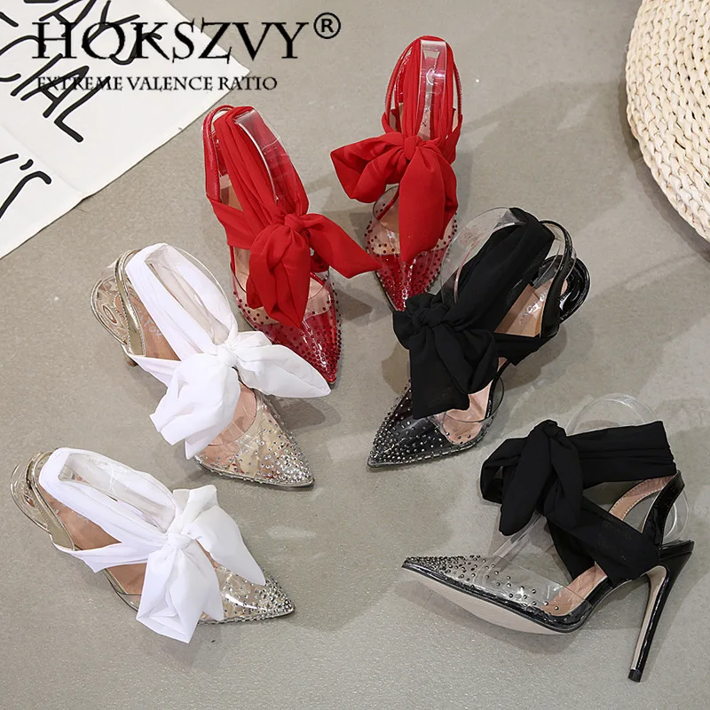 HOKSZVY Summer Sexy Club High Heels Glitter Rhinestone Anklet Ribbon Pointed Toe Stiletto Heel Sandal JXQ | Обувь