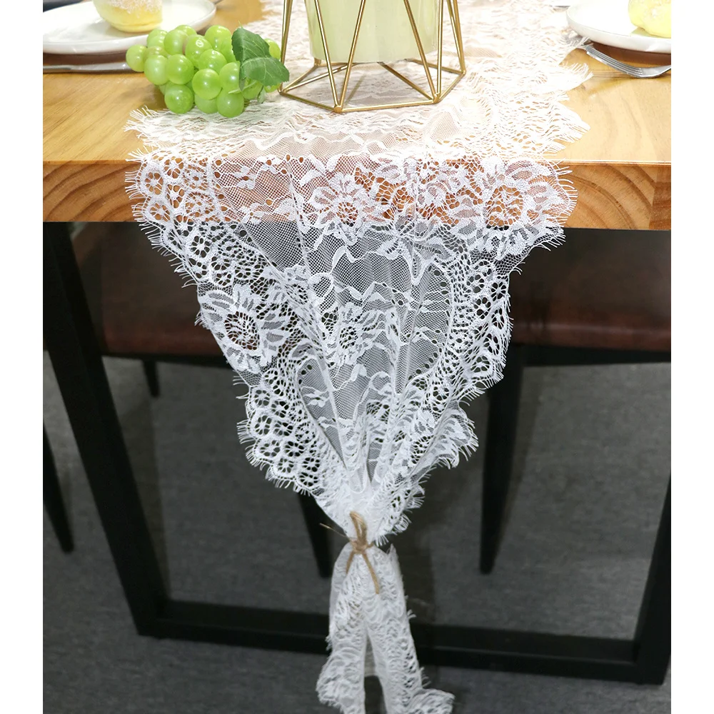 

White Floral Table Runner Vintage Look Rose Table Cover Chair Sash Dinner Banquet Baptism Wedding Party Decoration 35x300cm