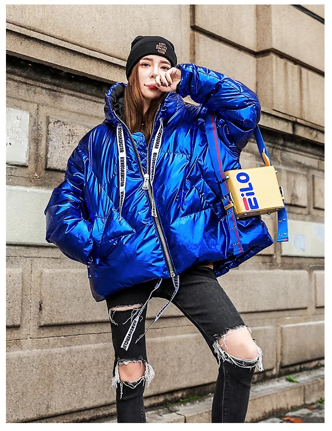 KoreanNew, женские парки, куртка,, зимняя, свободная, с капюшоном, утолщенная, теплая, негабаритная, верхняя одежда, глянцевая, дутая, куртки, Женская куртка