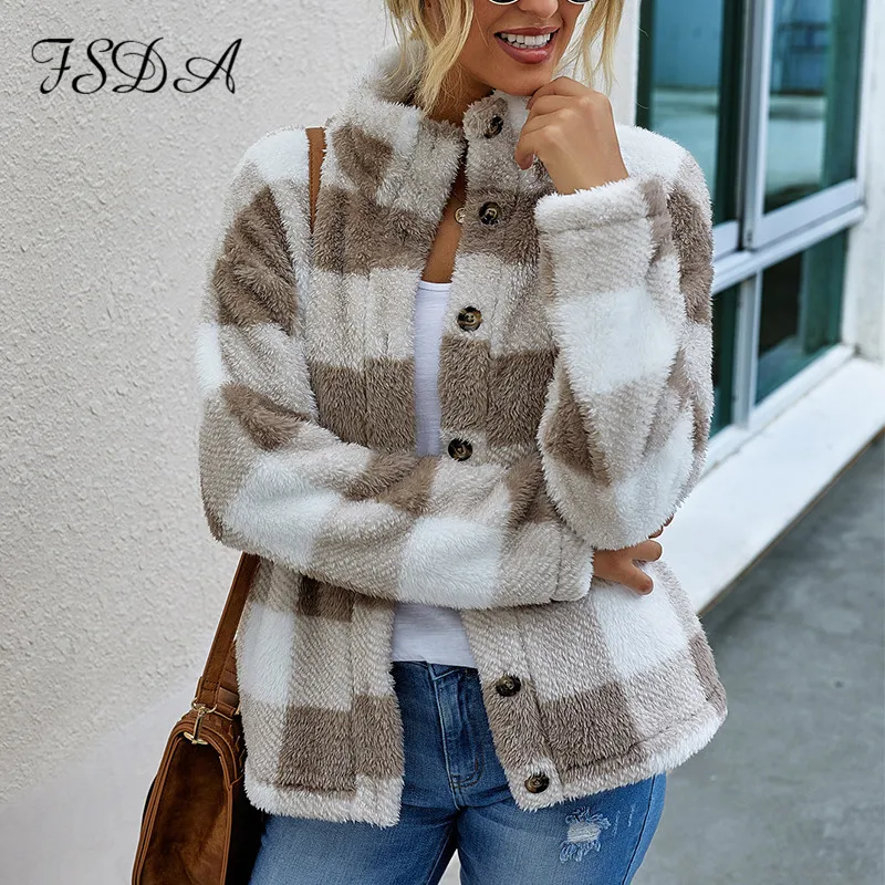 FSDA-Chaqueta corta piel sintética a cuadros para mujer, abrigo con bolsillo, moda, Vestimenta de gran tamaño, otoño e invierno, 2020