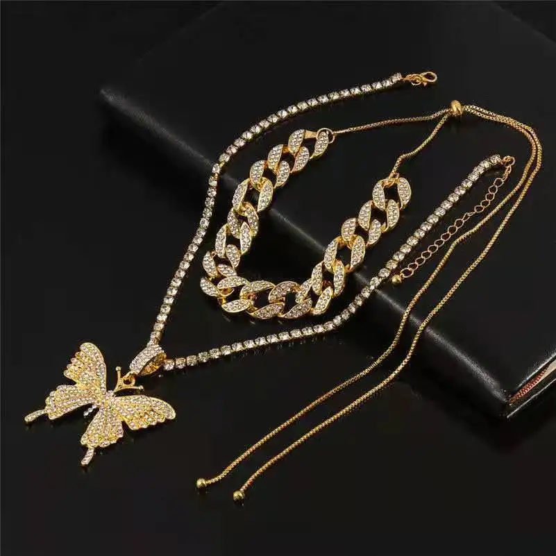 

High Quality Punk Cuban Double Layer Butterfly Pendant Necklace Rhinestone Gold Color Choker Thick Chain Necklace Women Jewelry