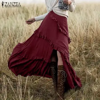 

Summer Solid Split Skirts ZANZEA Fashion Bohemian Ruffles Skirts Women Casual High Waist Beach Long Skirt Female Jupe Vestidos