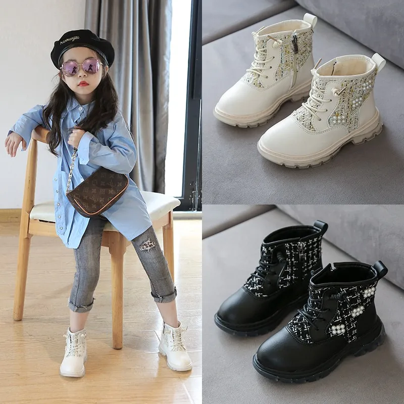 Girls Boots Kids 2021 Spring Autumn Winter Children's Fashion Warm Plush Pu Pearl Equestrain Zip Baby Shoes Kid Girl Ankle Boot