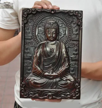 

wedding decoration 10" Tibet Buddhism Rosewood Carved Sakyamuni Buddha Statue Wall Hanging Tangka