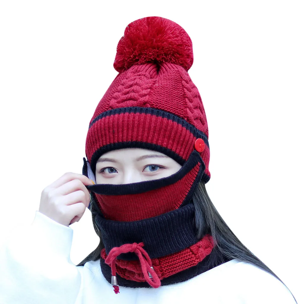 Красный Womail Fashion, зимняя шапка, вязаная, Для женщин мaльчикoв сплошные плотные осень-зима шляпа Для женщин из трех предметов, с защитой от ветра Повседневное Шапки для женщины - Цвет: Красный