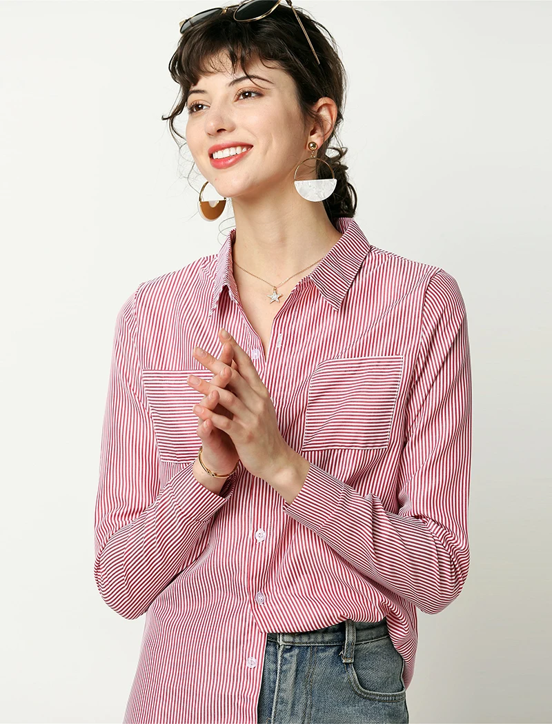 Полосатая рубашка с длинным рукавом, женская блузка, отложной воротник, повседневные блузки, модные офисные рубашки с карманами, женская рубашка