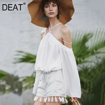 

DEAT Women White Off Shoulder Pleated Short Blouse New Hater Long Sleeve Loose Fit Shirt Fashion Tide Spring Autumn 2020 JY381