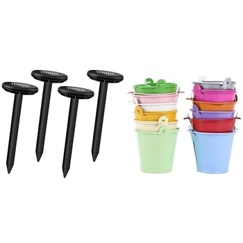 

1 Set Solar Mole Repellent, Gopher Repellent & 12Pcs Planter for Flowers Mini Buckets Metal Table Decoration