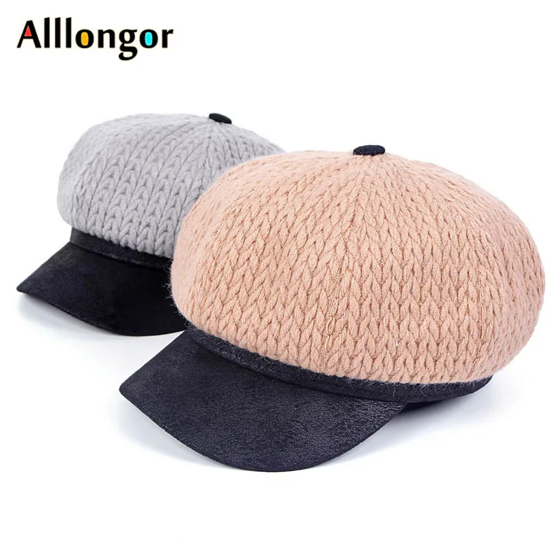 

New Knit Wool Beret Femme Militaire 2019 Winter French Beret Cap Women Peaky Blinder Octagonal hat newsboy Cap Fashion Hats