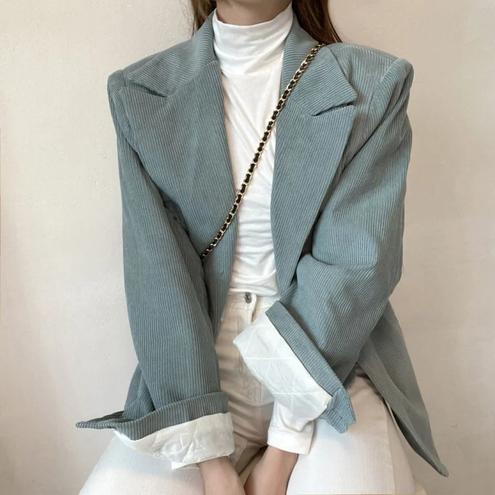 New Fall Women's Blazers Corduroy Notched Long Blazer Woman Korean Chic Style Green Full Sleeve Clothes Female