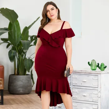 

Plus Size Burgundy Evening Dresses Ever Pretty Spaghetti Straps Ruffles Ruched Draped Short Mermaid Party Gowns Robe De Soiree