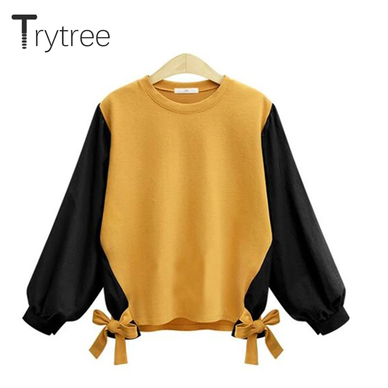 Trytree/осенне-зимние футболки женские повседневные топы с пышными рукавами из полиэстера, Лоскутная хлопковая Футболка с круглым вырезом и бантом, 2 цвета, свободная футболка