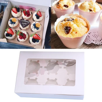 

10pcs Bakery Container Clear Window Gift Case Cupcake Box Storage Wedding Party Paperboard 2 4 6 Holes Display Packaging Muffin