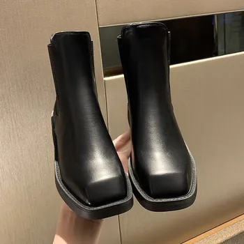baratas Botas De Inverno Botas Goth Botas De Plataforma Chelsea Britânico Vintage Sapatos De Bota Nua Dedo Do Pé Quadrado De Borracha Outsoles Volta Zíper