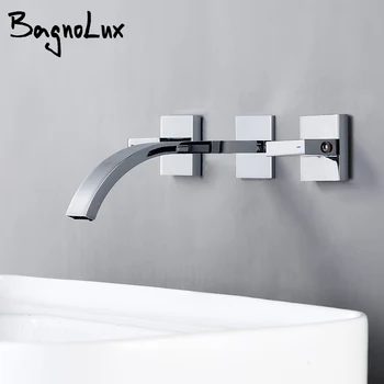 

Bagnolux Polished Chrome Brass Siamese Double Hole Wall Embed Mounted Hot Cold Mixed Waterfall Bathtub Filling Bathroom Faucet