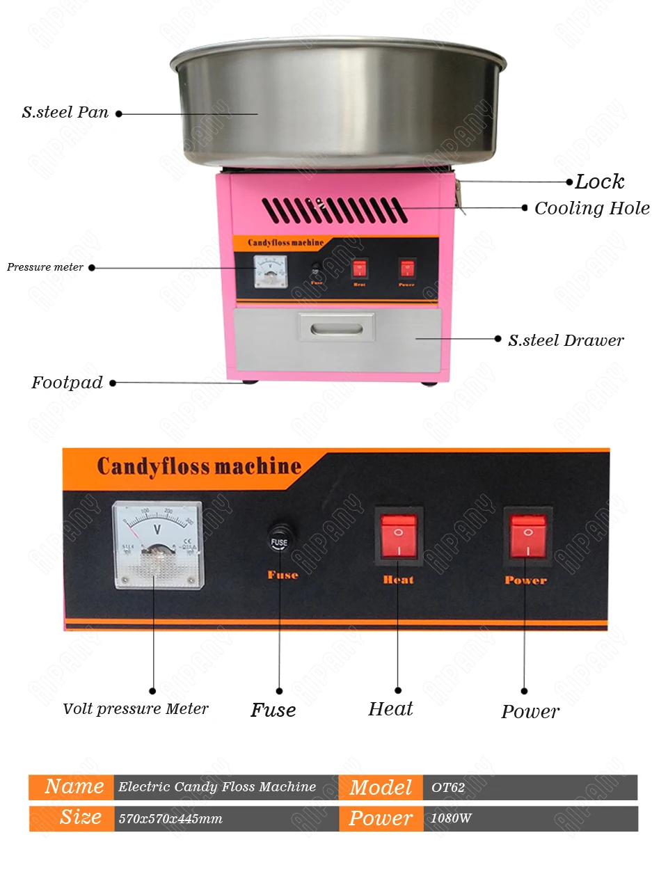 OT62 Electric Candy Floss Machine Heavy Duty 220V Cotton Candy Floss Maker Commercial