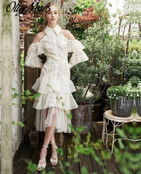 

New Fashion Designer Runway Dress Ladies Long Sleeve Cascading Ruffles Embroidery Elegant Vacation Autumn Winter Dress
