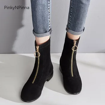 

female stretchy ankle boots front zipper low heels black faux suede flock soft comfortable winter autumn women booties shoes