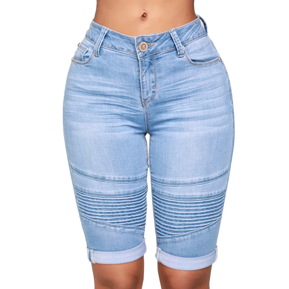 FAKUNTN 2021 Womens Middle Rise Elastic Denim Shorts Knee Length Curvy Bermuda Stretch Short Jeans | Женская одежда