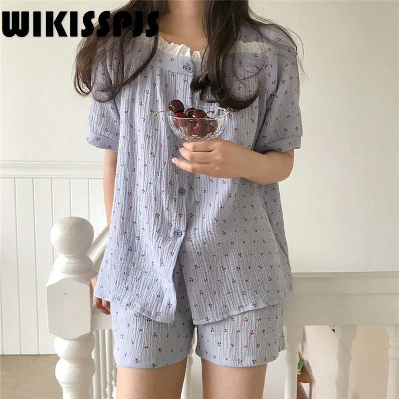 

WIKISSPJS Summer New Cherry Lace Edge Comfortable Cotton Loose Home Wear Pajama Suit for Exterior Wear