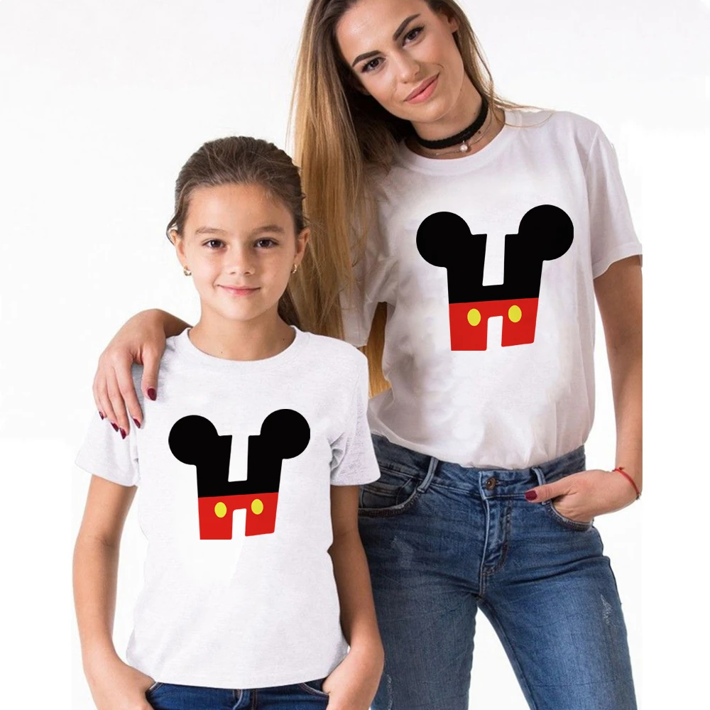 Family Matching T Shirts ABC Alphabet Letter H Printed Kids Sister Brother Tshirt Look Outfits Mickey Mouse Cartoon Tops | Мать и ребенок