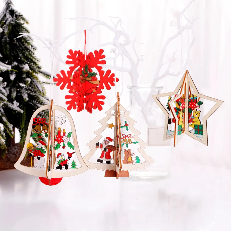 

3PCS 3D Christmas wooden hollow pendant decoration Christmas tree pendant wooden five-pointed star Santa Claus snowflake gift