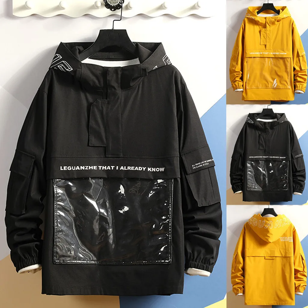 

2019 Autumn Winter Warm Hooded Pullover Patchwork Pullover Hoodie Multi-Pockets Outwear Men's Hoodies Hoodies Sweatshirt Tops