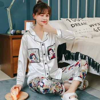 

Smmoloa Original Lazy Style Fake Flower Silk Pajamas set for Women Spring Summer Women Sleepwear Set Doll