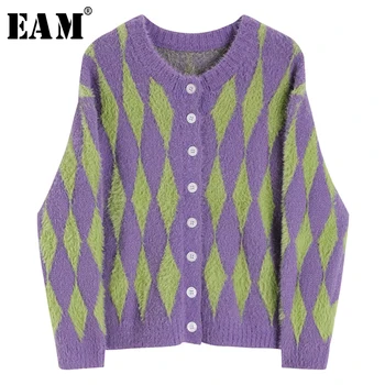 

[EAM] Pattern Big Size Knitting Cardigan Sweater Loose Fit Round Neck Long Sleeve Women New Fashion Spring Autumn 2020 1Y317
