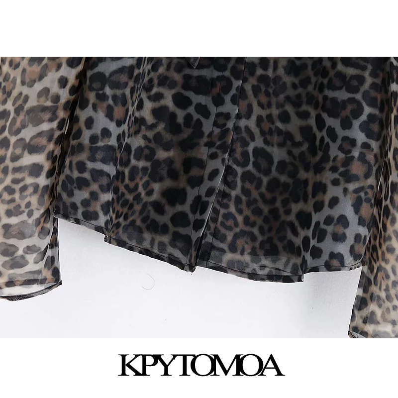  Vintage Sexy Transparent Leopard Print Organza Blouses Women 2020 Fashion Bow Tie Collar Puff Sleev