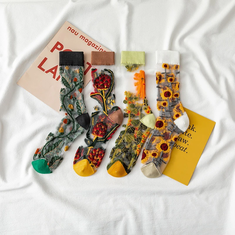 4 Pairs Harajuku Lace Transparent Women Socks Crystal Silk Thin Socks Female Cute Flower Summer Socks Fashion Mesh Socks