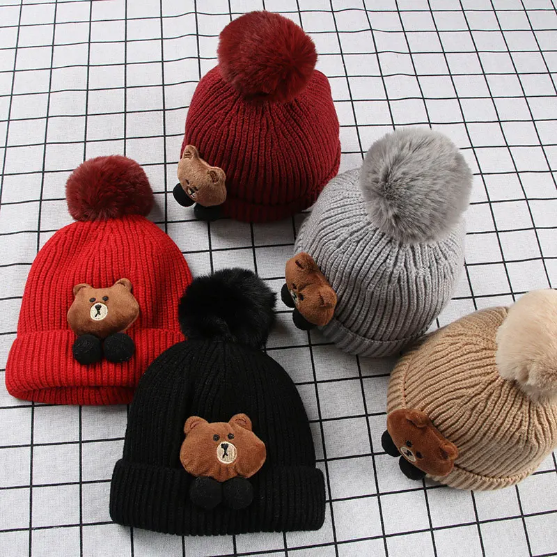 Модные вязаные шапки для новорожденных от 0 до 3 лет, теплый медведь, Круглый машинный колпачок, защищает шапка с ушками, детская зимняя