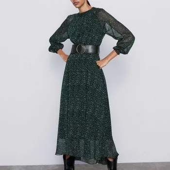 

Women Dress Autumn New European And American Women Clothes Long Green Print Dress Spring And Autumn Dresses