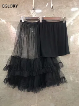 

High Quality Black Skirts 2020 Spring Summer Women Sexy Tulle Mesh Lace Patchwork Mid-Calf Length Casual Sexy Club Skirts Lady