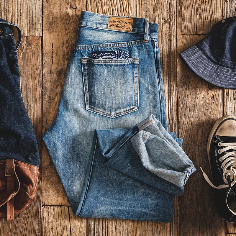 

Madden Workwear Japanese-style Retro Retro Washing Jeans Vintage Blue Straight-Cut Versatile Casual Trousers