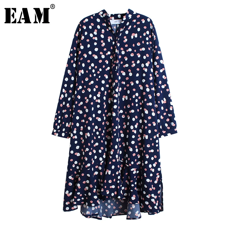 

[EAM] Women Dot Print Contrast Color Big Size Dress New Stand Neck Long Sleeve Loose Fit Fashion Tide Spring Autumn 2019 1A763