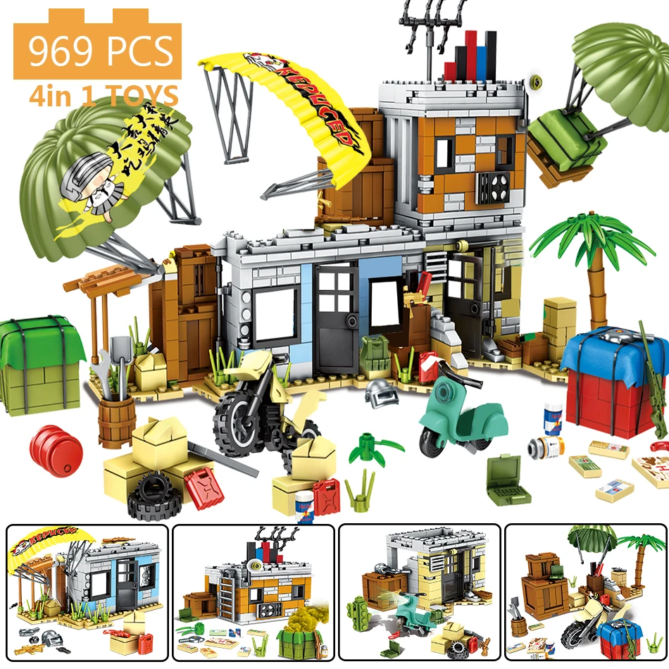 

969PCS PUBG Military Battlegrounds Bricks with Airdrop Helmet Weapon Gun Building Blocks Compatible legoed Army Soldier Kid Toys