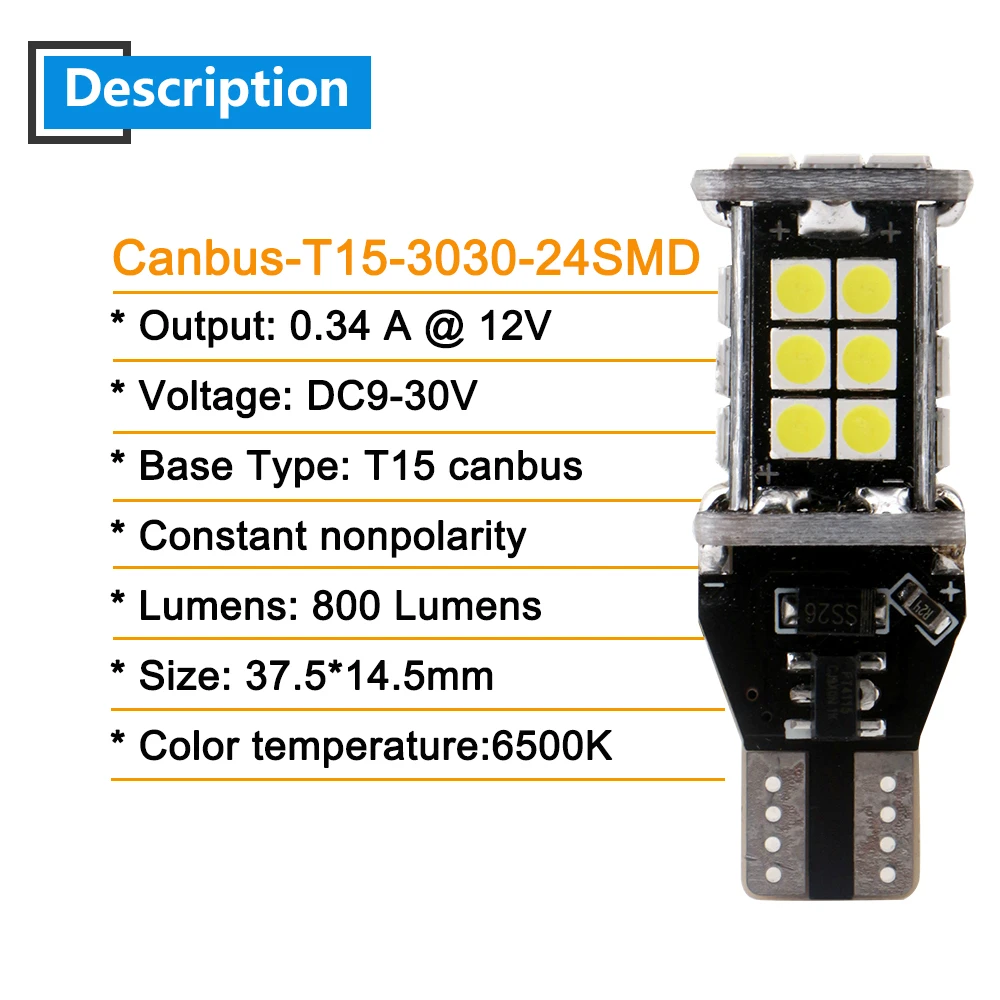100 шт. T15 Canbus 3030 24 SMD белый светодиодный светильник 800LM для авто номерного знака Лампа для чтения двери автомобиля Белый 6500K без ошибок