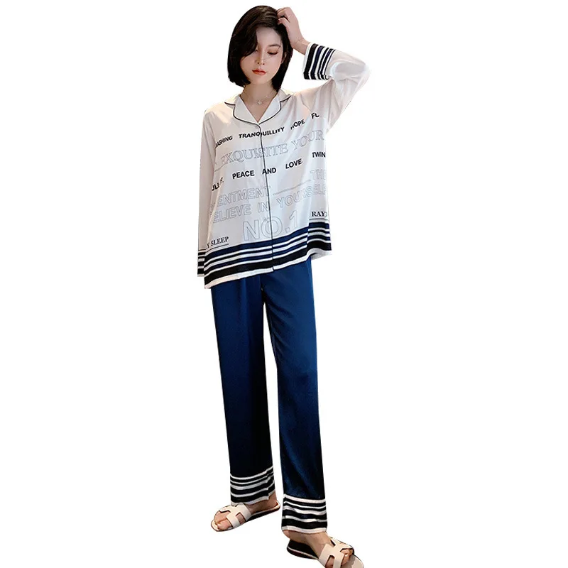 

Spring New Ice Silk Women Thin Section Fashion Long-Sleeved Home Service Silk Cardigan Pajamas Set