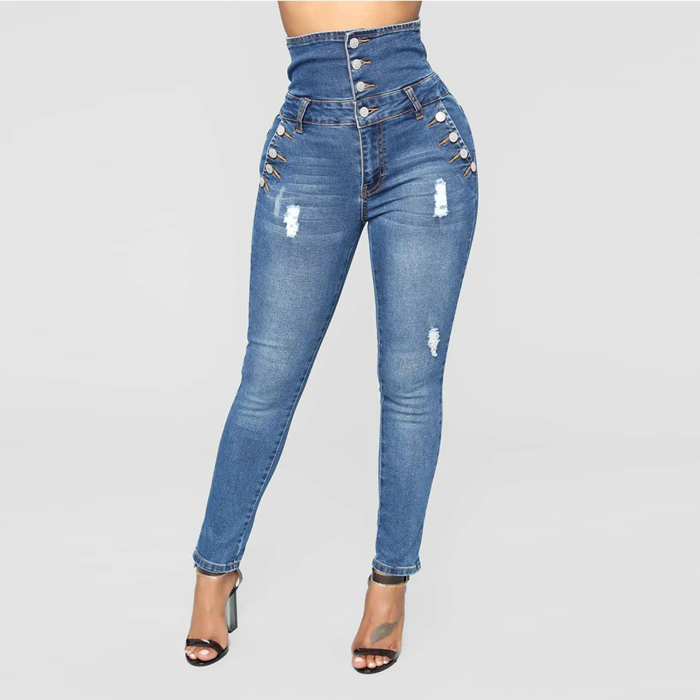 AIYIGU Plus Size Women Jeans Large Big Size Skinny Pencil Pants High Waist Vintage Bodycon Denim Jeans Slim Buttons Clothing