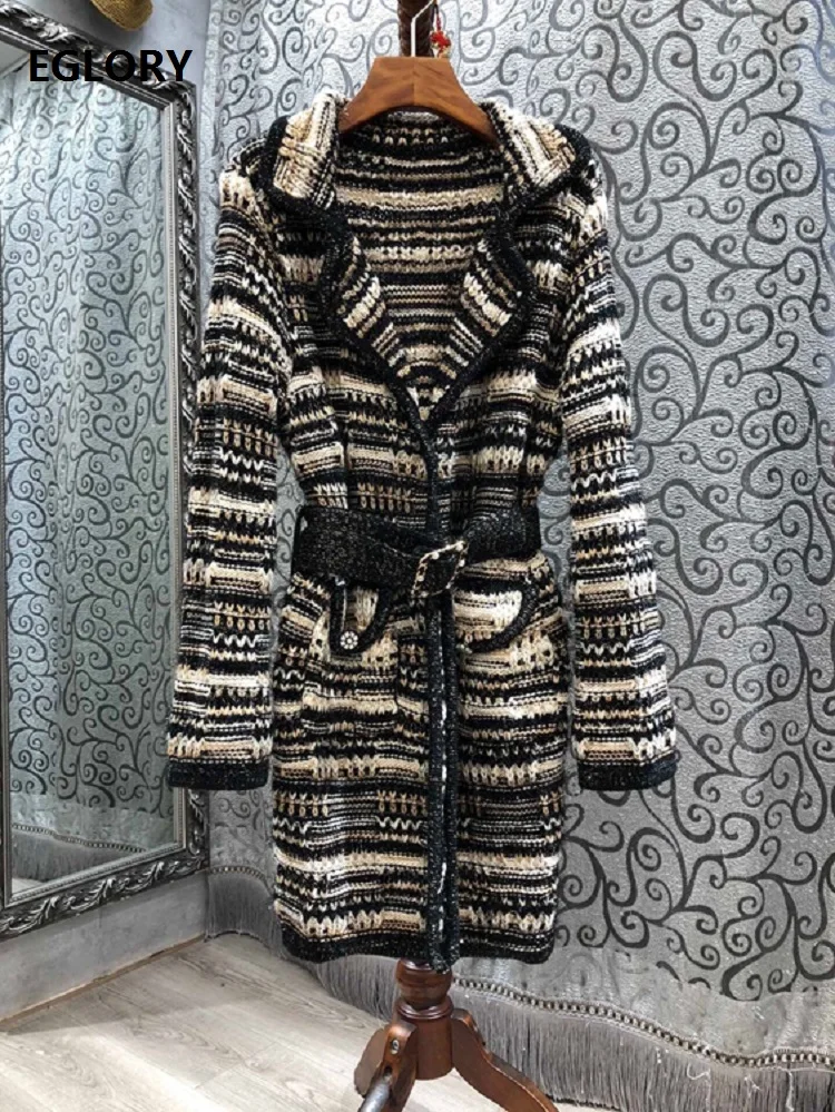 

2020 Autumn Winter Fashion Cardigan Jackets High Quality Women Color Block Knitting Belt Deco Long Sleeve Casual Cardigans Coats